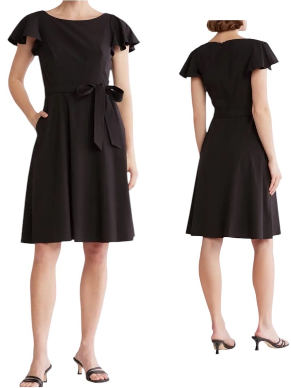 Calvin Klein Women Black Flutter-Sleeve A-Line Dress with Waist Tie Belt Size 4